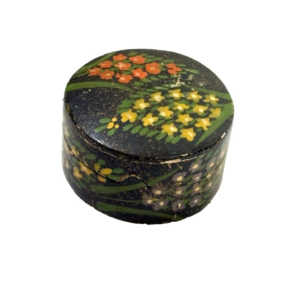 Vintage Hand-painted Lacquered Paper Mache Trinket Box Floral Round India